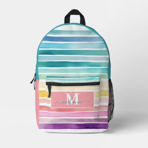 Colorful Stripes Rainbow Custom Monogram Name Printed Backpack