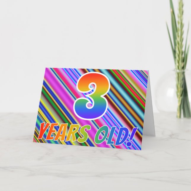 Colorful Stripes + Rainbow Pattern "3 years old!" Card (Front)
