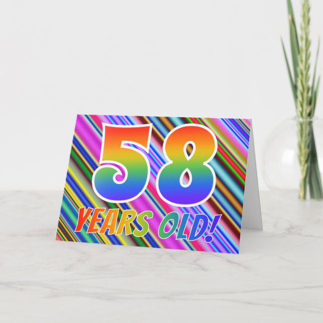 Colorful Stripes + Rainbow Pattern "58 years old!" Card (Front)