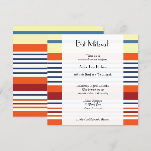 Bat Mitzvah Lines Stripes Orange Blue Yellow White Personalized Announcements