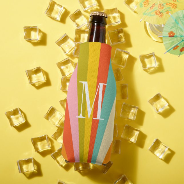 Colorful stripes retro monogram  bottle cooler (In Situ Summer)