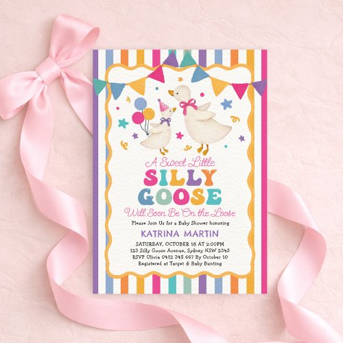 Colorful Stripes Silly Goose Girl Baby Shower Invitation