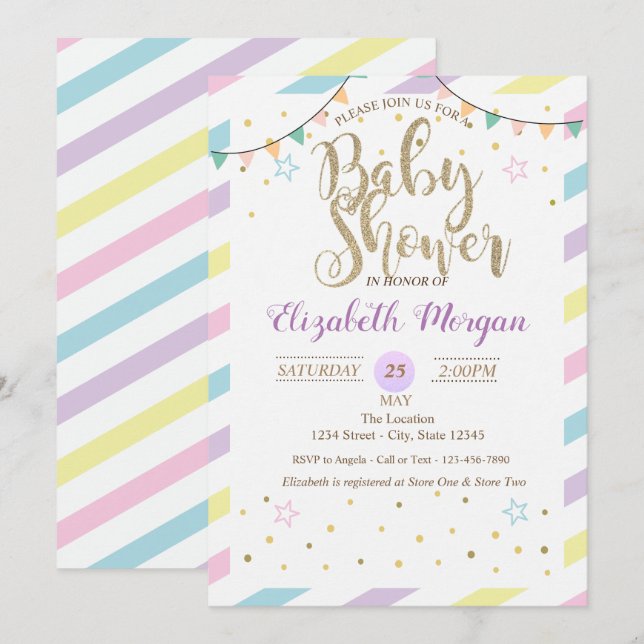 Colorful Stripes,  Stars Baby Shower Invitation (Front/Back)