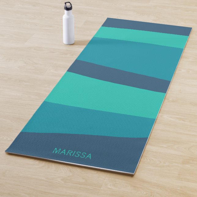 Colorful Stripes Teal Turquoise Blue Stripes Name Yoga Mat (In Situ)
