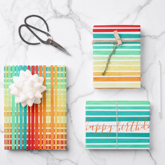 Colorful Stripes Tropical Brush strokes Birthday Wrapping Paper Sheets (Front)