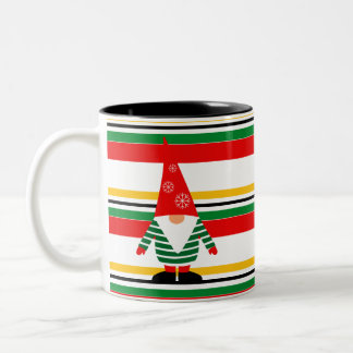 Colorful Stripes with Cute Gnome Christmas Two-Tone Coffee Mug