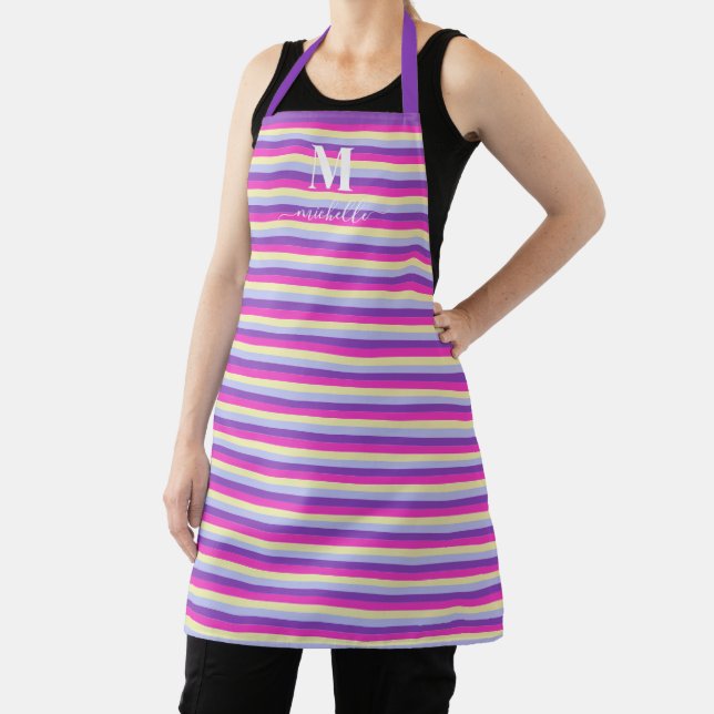 Colorful Stripes with Monogram Script  Apron (Insitu)