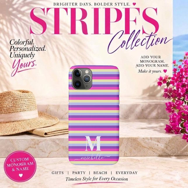 Colorful Stripes with Monogram Script Case-Mate iPhone Case (Colorful Stripes Collection -Monogram and Script-Purple Pink Yellow and Blue)