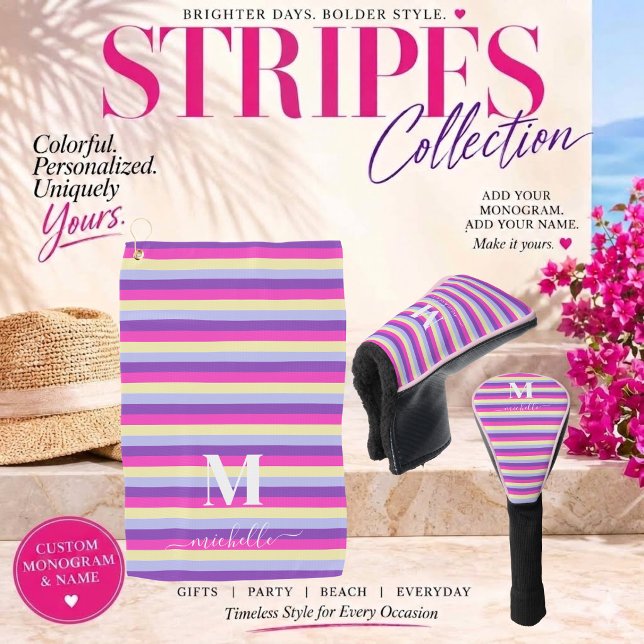 Colorful Stripes with Monogram Script Golf Head Cover (Colorful Stripes Collection -Monogram and Script-Purple Pink Yellow and Blue)