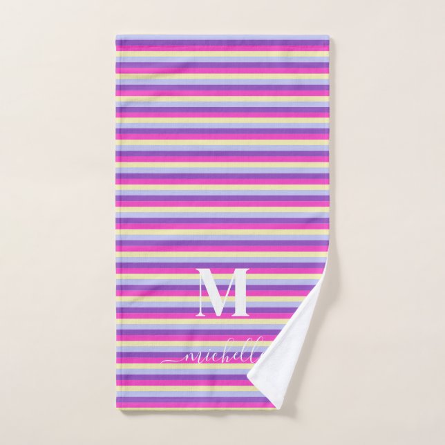 Colorful Stripes with Monogram Script  Hand Towel (Hand Towel)