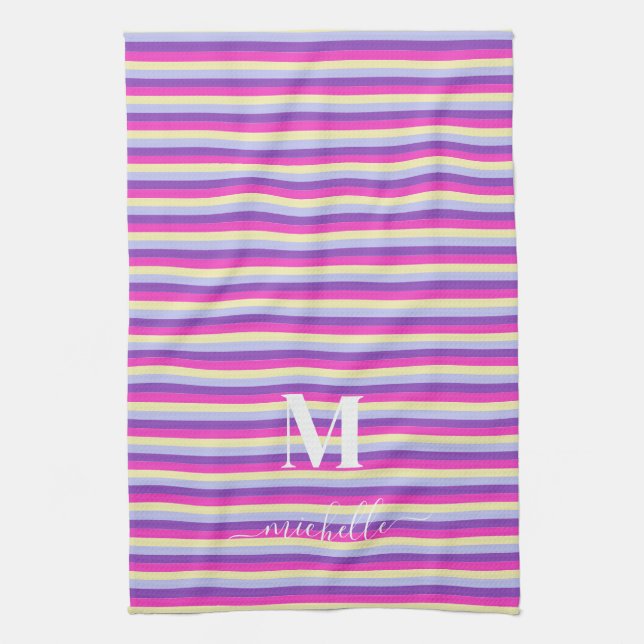 Colorful Stripes with Monogram Script  Kitchen Towel (Vertical)
