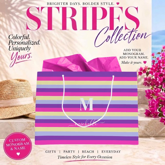 Colorful Stripes with Monogram Script  Large Gift Bag (Colorful Stripes Collection -Monogram and Script-Purple Pink Yellow and Blue)