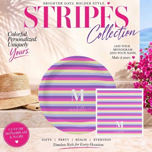 Colorful Stripes with Monogram Script  Paper Plates