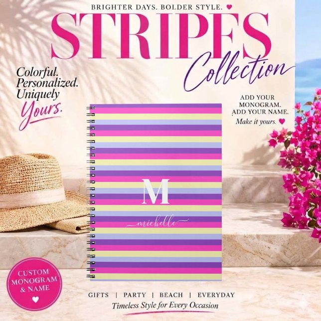 Colorful Stripes with Monogram Script  Planner (Colorful Stripes Collection -Monogram and Script-Purple Pink Yellow and Blue)
