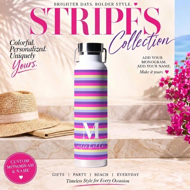 Colorful Stripes with Monogram Script Water Bottle (Colorful Stripes Collection -Monogram and Script-Purple Pink Yellow and Blue)
