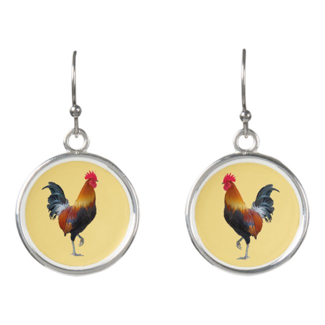 Colorful Strutting Rooster Design Drop Earrings