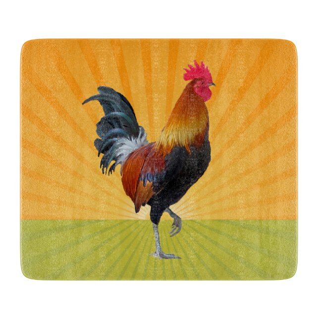 Colorful Strutting Rooster Glass Cutting Board (Front)