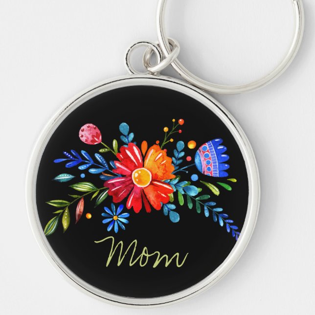 Colorful Stylized Flowers  with Mom Keychain (Front)