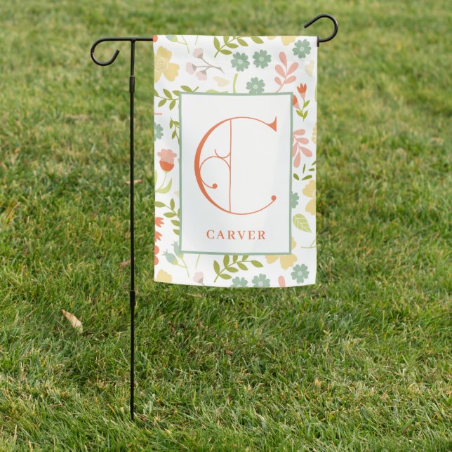 Colorful Stylized Flowers with Monogram C Garden Flag (In SItu)