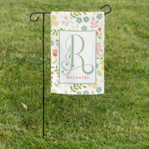 Colorful Stylized Flowers with Monogram R Garden Flag