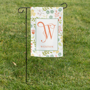 Colorful Stylized Flowers with Monogram W Garden Flag