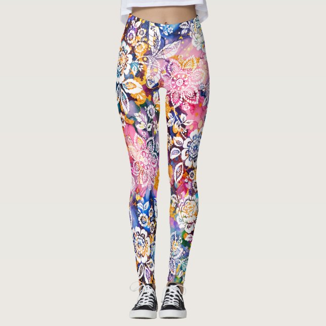 Colorful  Stylized Spring Floral Leggings (Front)