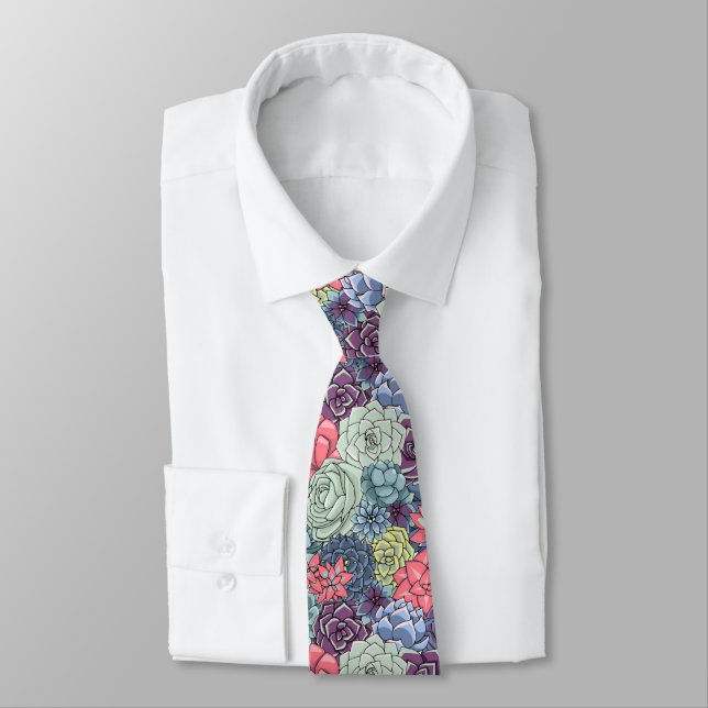 Colorful Succulent Pattern Neck Tie (Tied)