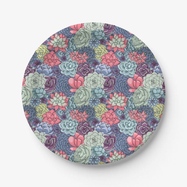 Colorful Succulent Pattern Paper Plates (Front)