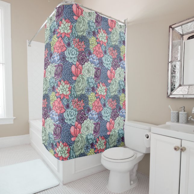 Colorful Succulent Pattern Shower Curtain (In Situ)