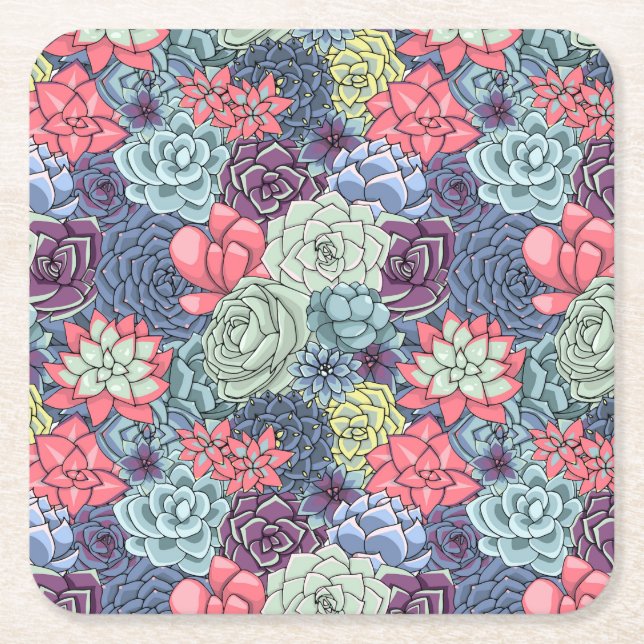 Colorful Succulent Pattern Square Paper Coaster (Front)