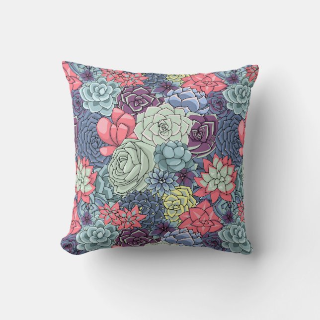 Colorful Succulent Pattern Throw Pillow (Front)