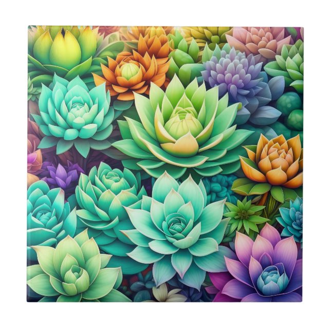 Colorful Succulents Collage Ceramic Tile (Front)