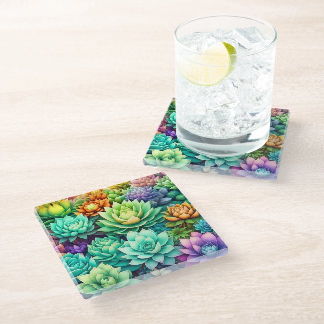 Colorful Succulents Collage Glass Coaster (Angled)