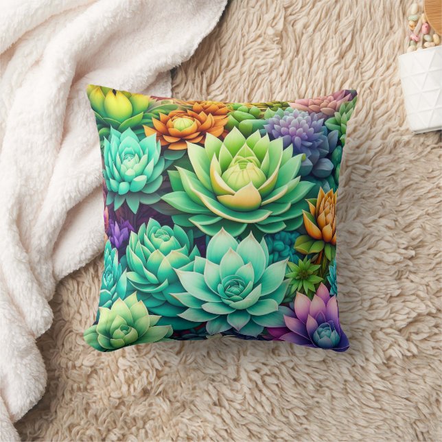 Colorful Succulents Collage Throw Pillow (Blanket)