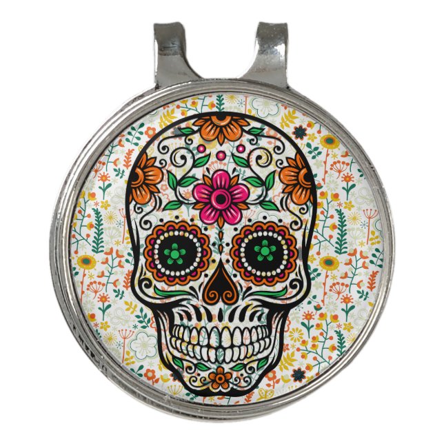 Colorful Sugar Scull Retro Flowers Background Golf Hat Clip (Front)