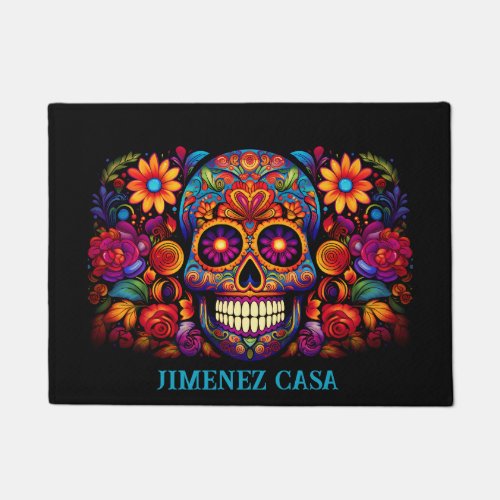 Colorful Sugar Skull Add Name Day of the Dead Doormat