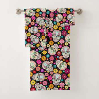 Colorful Sugar Skull And Flower Fiesta Black Bath Towel Set by creativetaylor at Zazzle