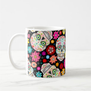 Colorful Sugar Skull and Flower Fiesta Black Mug