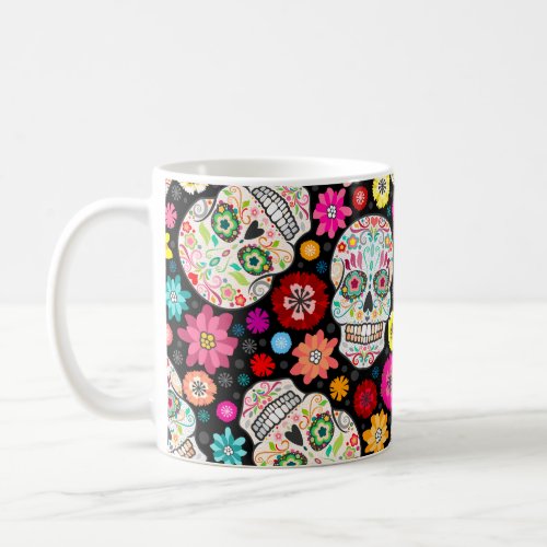 Colorful Sugar Skull and Flower Fiesta Black Mug