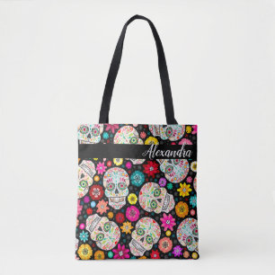 Colorful Sugar Skull and Flower Fiesta Black Tote Bag