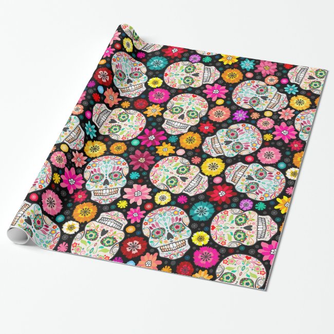 Colorful Sugar Skull and Flower Fiesta Black Wrap Wrapping Paper