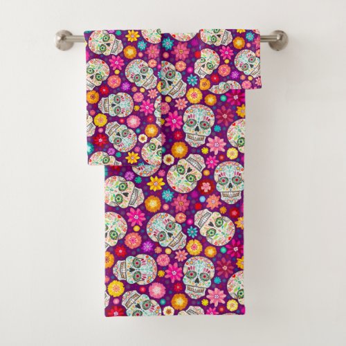 Colorful Sugar Skull and Flower Fiesta Purple Bath Towel Set