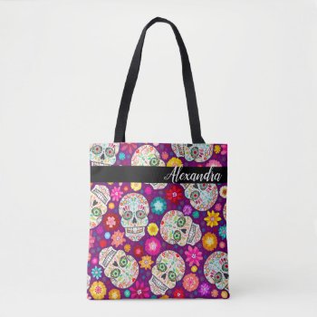 Colorful Sugar Skull And Flower Fiesta Purple Tote Bag by creativetaylor at Zazzle