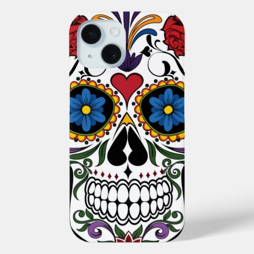 Colorful Sugar Skull Apple iPhone 15 Case