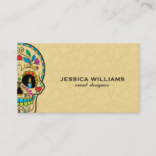 Colorful Sugar Skull & Beige Paisley Business Card
