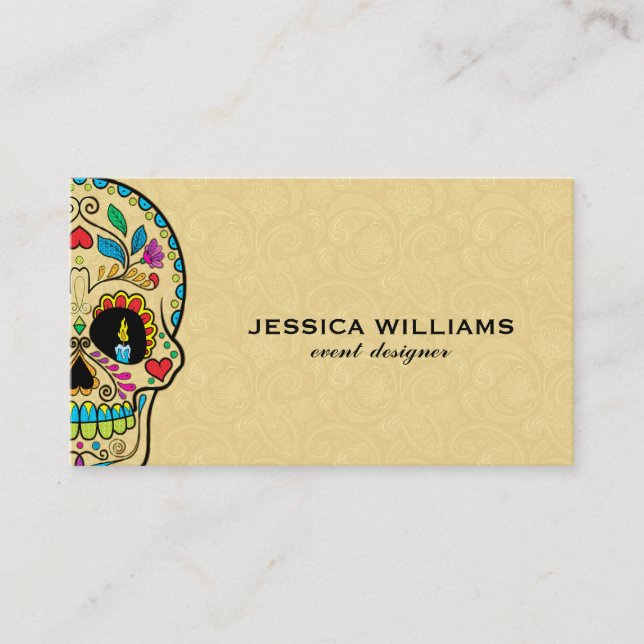 Colorful Sugar Skull & Beige Paisley Business Card (Front)