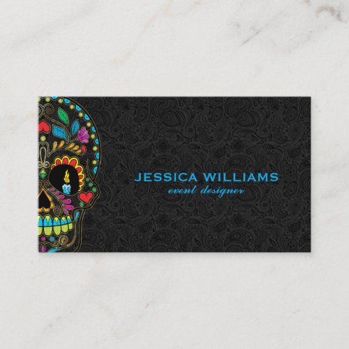 Colorful Sugar Skull  Black Paisley Business Card
