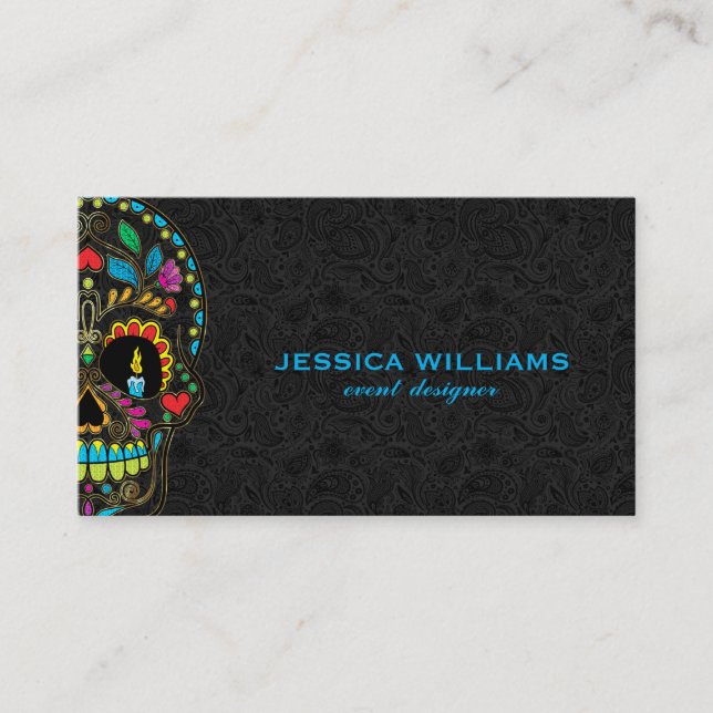 Colorful Sugar Skull & Black Paisley Business Card (Front)