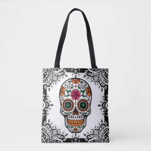 Colorful Sugar Skull Black Paisley Frame Tote Bag