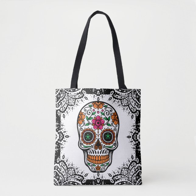 Colorful Sugar Skull Black Paisley Frame Tote Bag (Front)